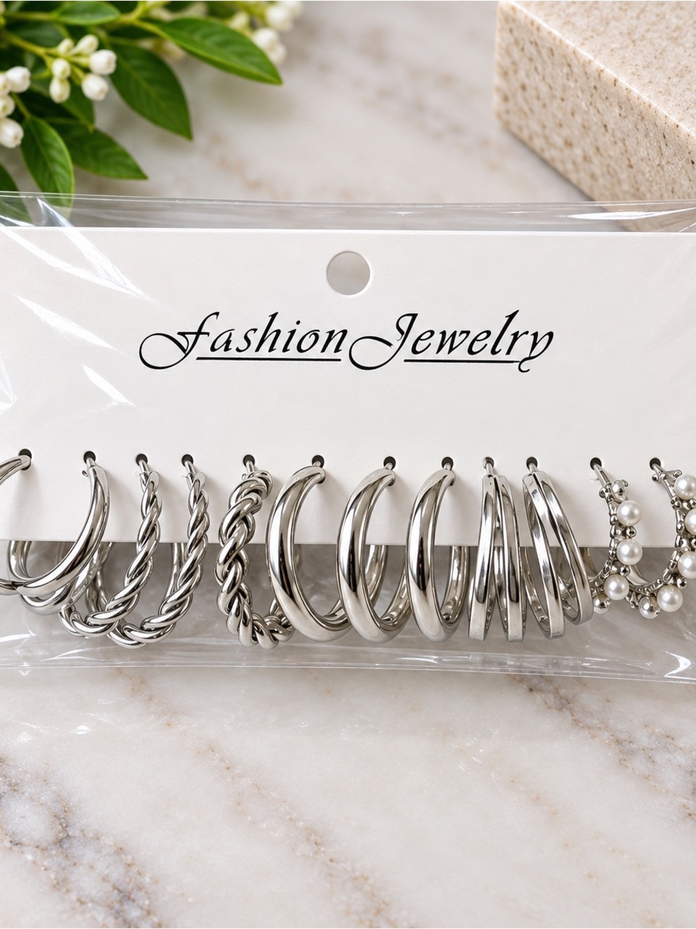 Fashion Jewelry Silver-Tone Hoop and Pearl Accent Earring Set